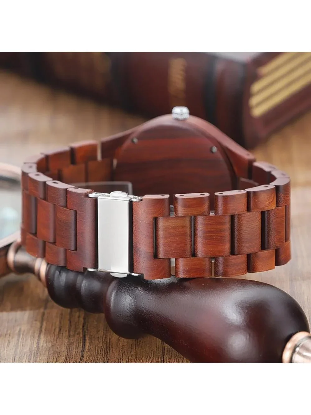 Men's Red&Pink 100% Manual Classic Wrist Analog Quartz Handmade Wooden Watch